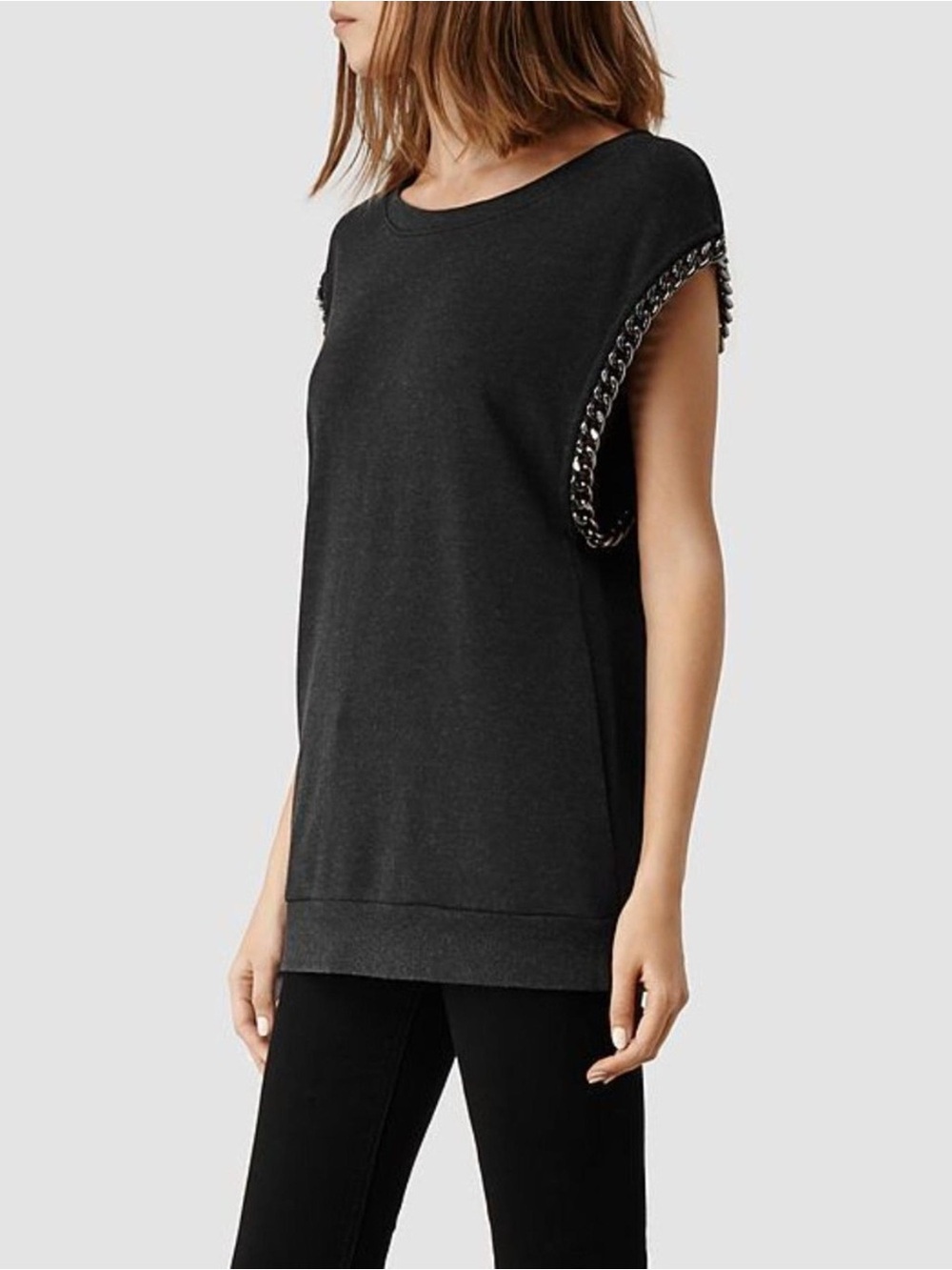 AllSaints Black Sleeveless Crewneck Sweatshirt with Chain Trim